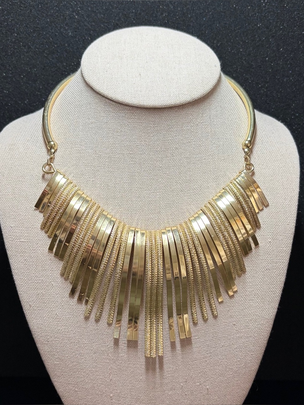 Gold Tone Fringe Bib Statement Necklace Layered Chain Collar